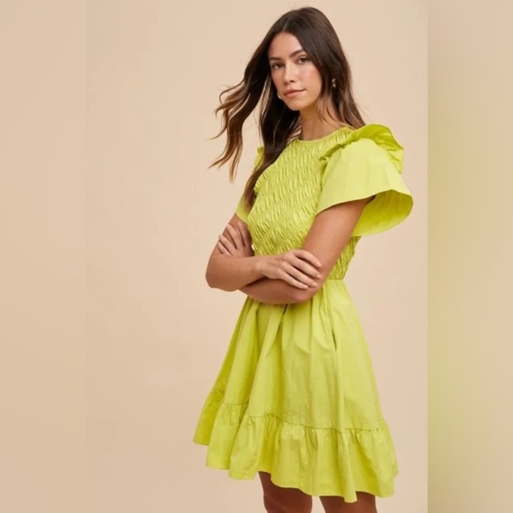Smocked mini dress ruffle short sleeves chartreuse fit & flare anneklein - Picture 2 of 8